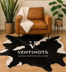 Include a styled living room with cowhide rug and accents