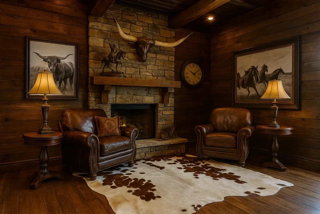 modern living room interior styled with natural cowhide rug