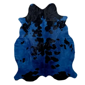 large blue dyed cowhide rug 5x6 navy cobalt with black spots on floor