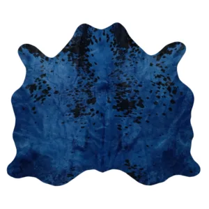 blue dyed cowhide accent rug turquoise 4x3 with natural black spots on floor