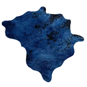 lightweight genuine leather cowhide rug blue dyed layered over neutral rug