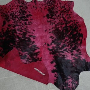 tiny genuine leather cowhide rug red dyed beside armchair reading corner