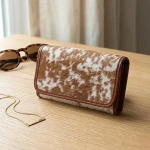 cowhide trifold wallet n hand
