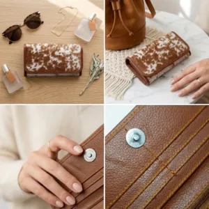 cowhide trifold wallet n hand