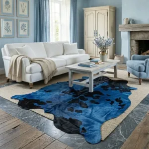 large colored cowhide area rug deep navy blue overhead flat lay