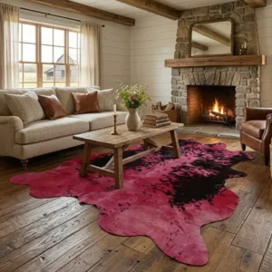 genuine leather medium cowhide rug red dyed natural black markings overhead