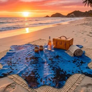 turquoise hand dyed cowhide accent rug showing cobalt color variation close-up