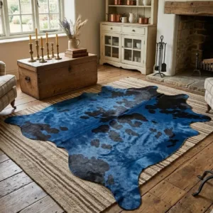 hand dyed blue cowhide rug large size showing natural black spot pattern