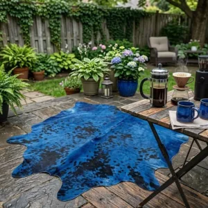 blue cowhide rug small size natural silhouette overhead flat lay