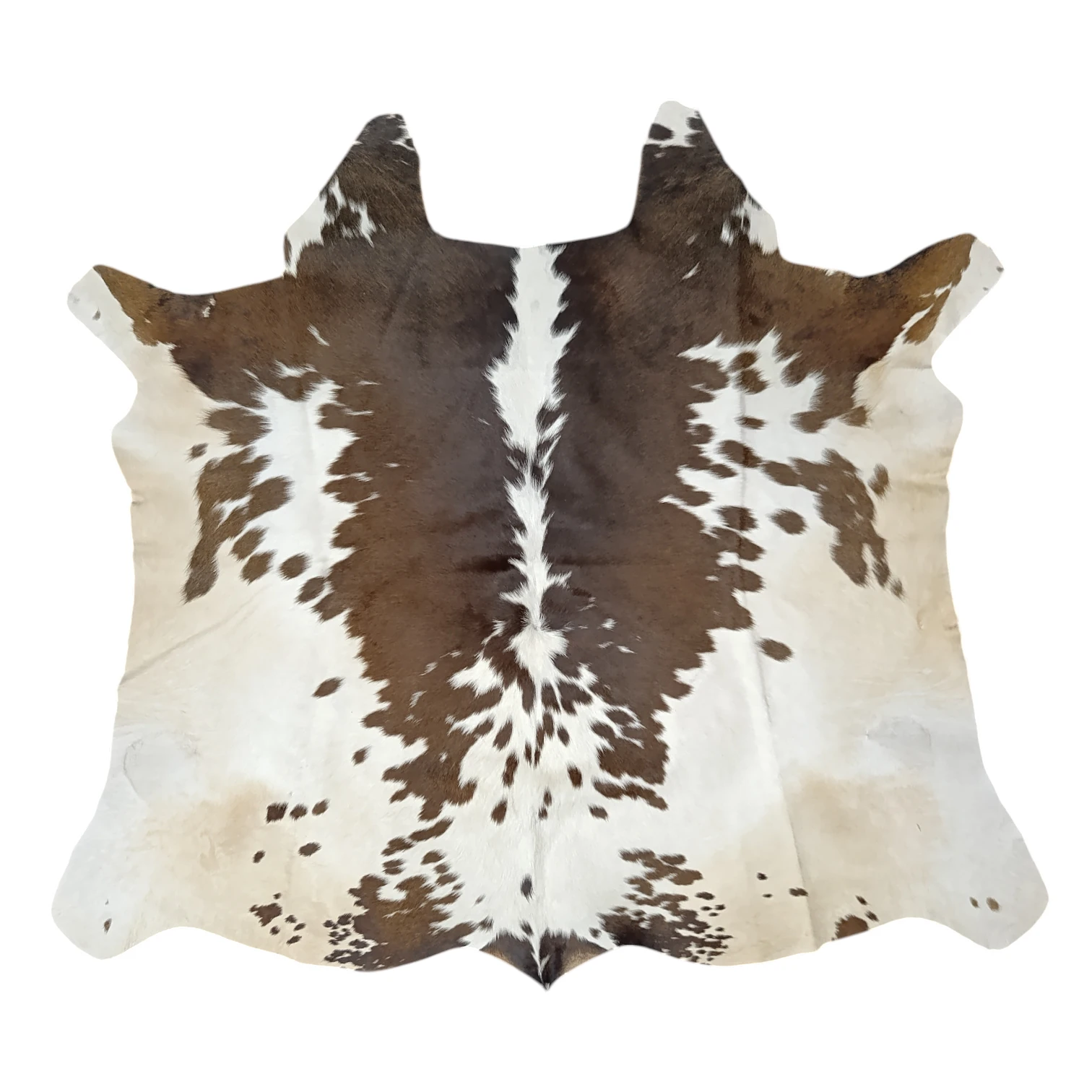 Brown and White cowhide rug, 4'-7" x 4'-0", natural hide floor rug by Ventinots front view