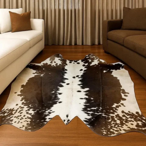 Brown salt and pepper cowhide rug, 4'-10" x 4'-9", natural hide floor rug by Ventinots in living room