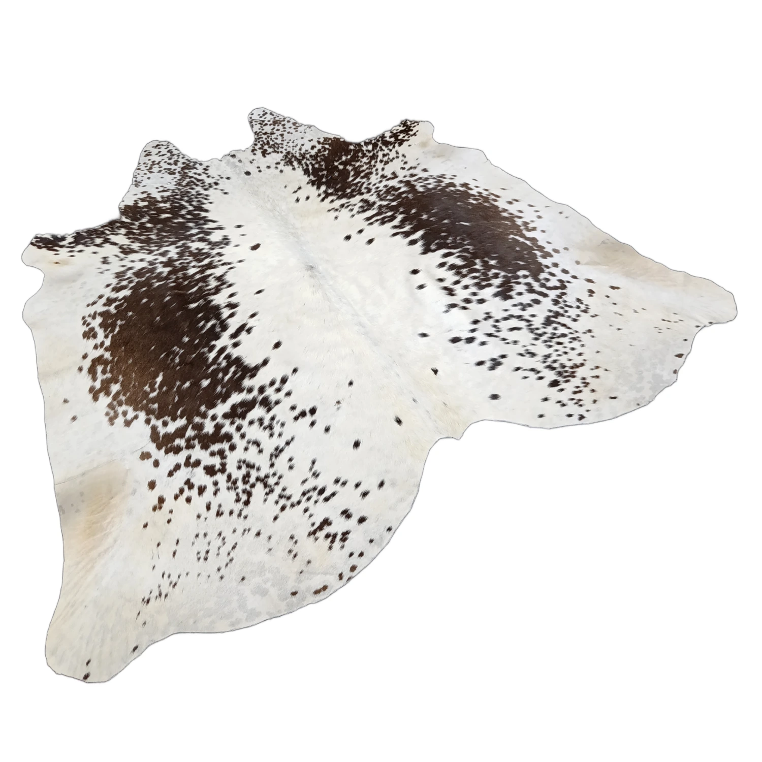 Brown salt and pepper cowhide rug, 4'-6" x 4'-5", natural hide floor rug by Ventinots side view