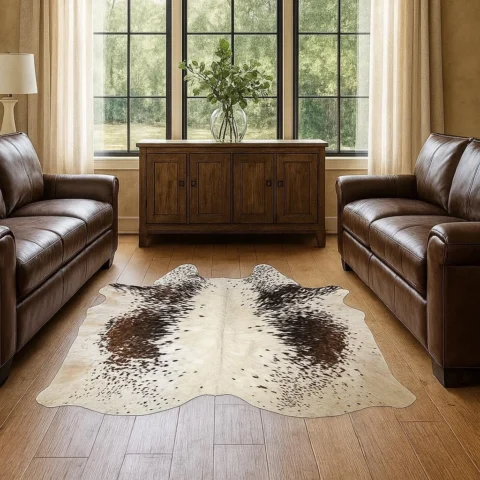 Brown salt and pepper cowhide rug, 4'-6" x 4'-5", natural hide floor rug by Ventinots in living room btw sofas