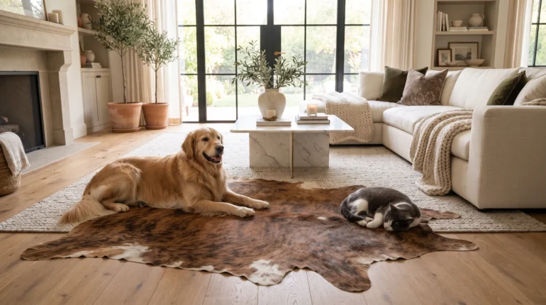 Dogs and cats enjoying a genuine cowhide rug