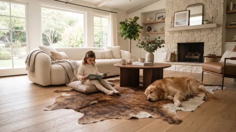 Genuine cowhide rug in a modern living room