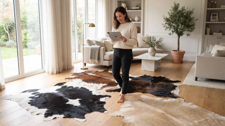 Homeowner comparing genuine cowhide rugs before buying