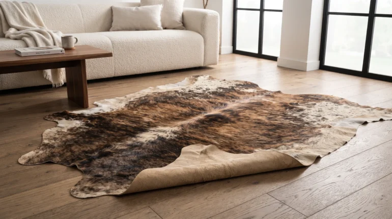 Genuine cowhide rug with natural hair and leather backing