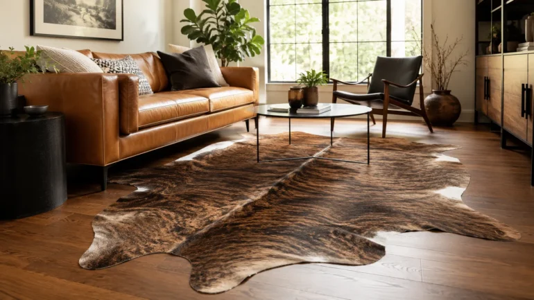 Genuine cowhide rug in a modern living room