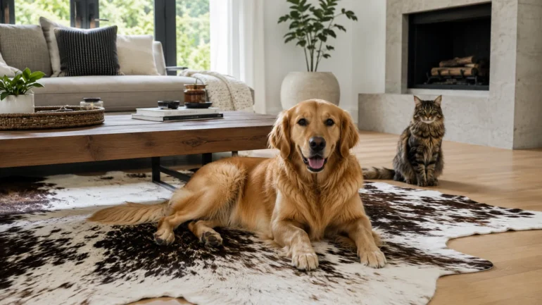 Dogs and cats enjoying a genuine cowhide rug