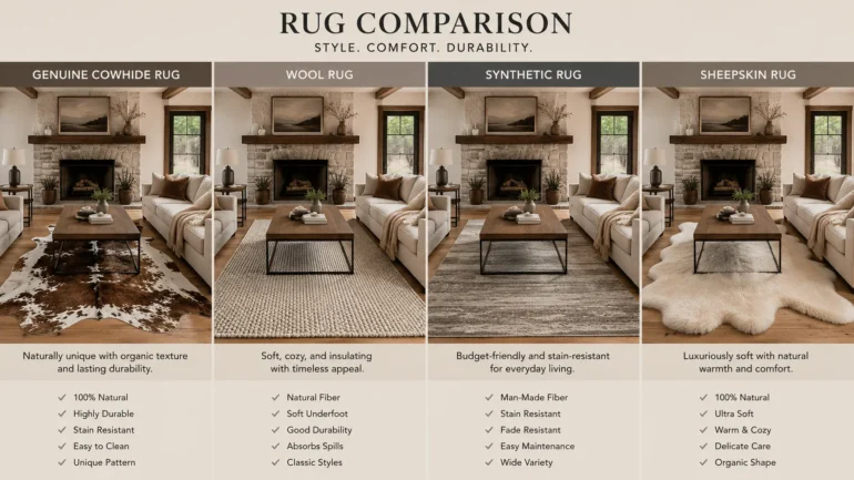 Comparison of cowhide rugs with wool, synthetic and sheepskin rugs