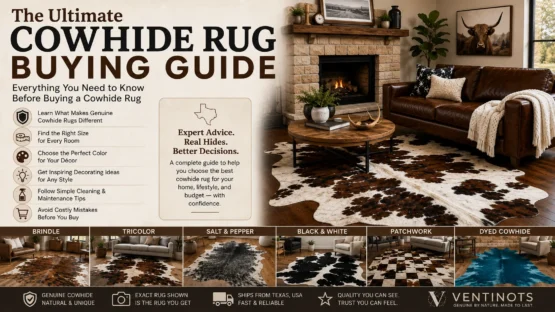 Ultimate Cowhide Rug Buying Guide featuring a genuine natural cowhide rug in a modern living room