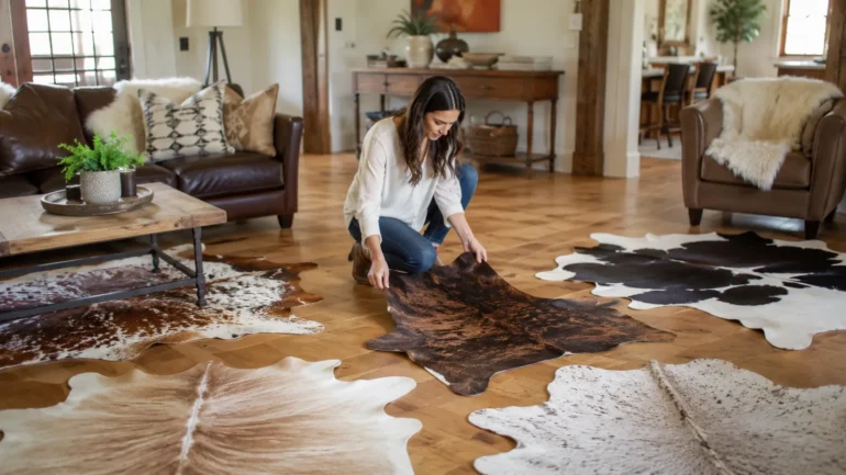 Homeowner comparing genuine cowhide rugs before buying