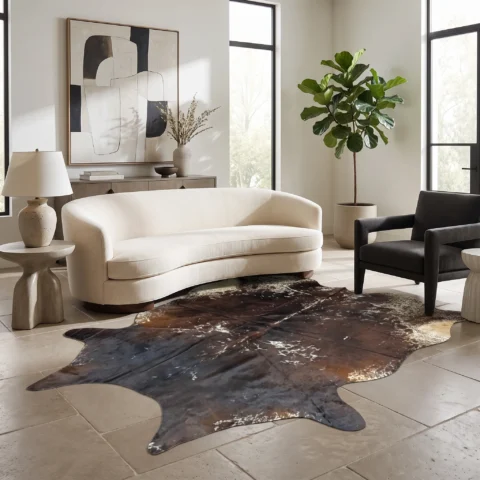CW-RG-0125 4 Tricolor cowhide rug, 5'-9" x 6'-2", natural hide floor rug by Ventinots