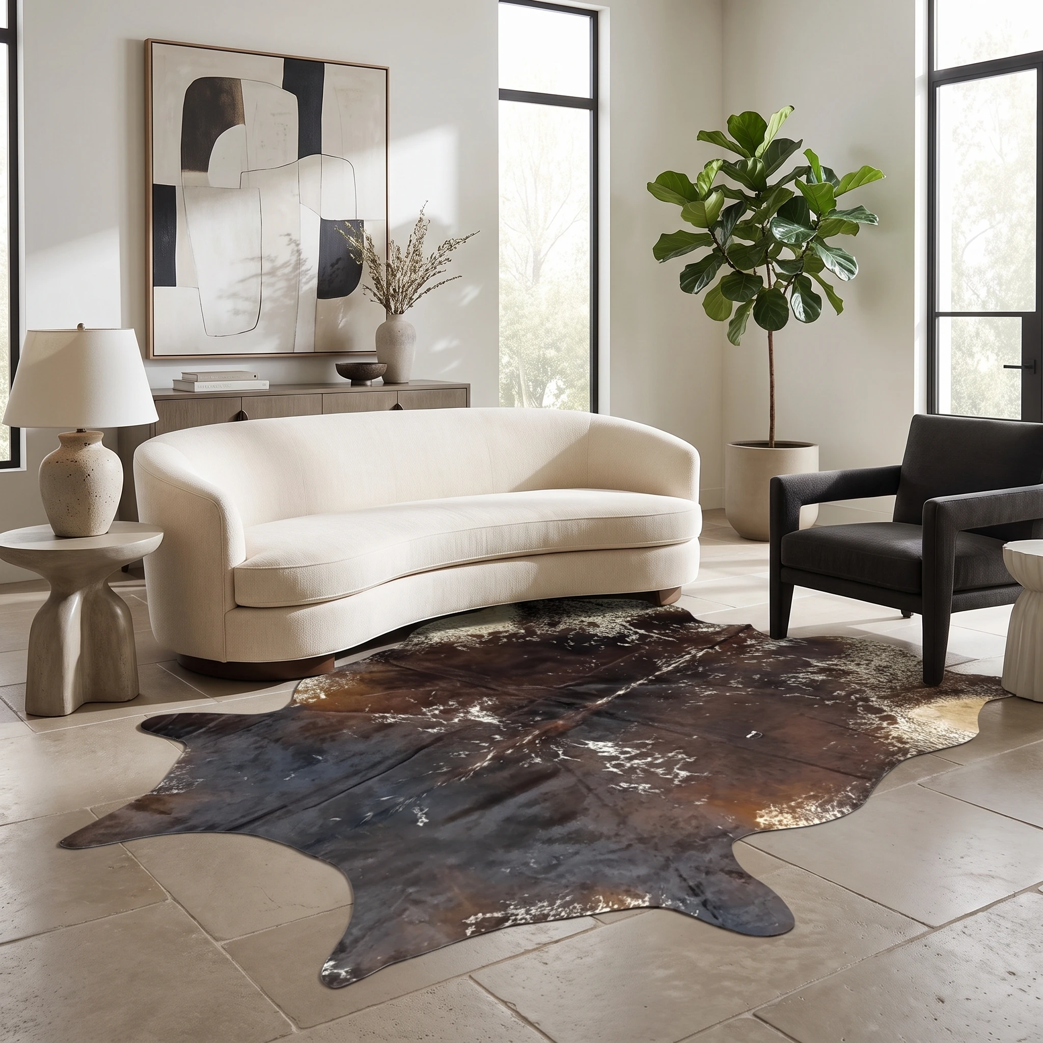 CW-RG-0125 4 Tricolor cowhide rug, 5'-9" x 6'-2", natural hide floor rug by Ventinots