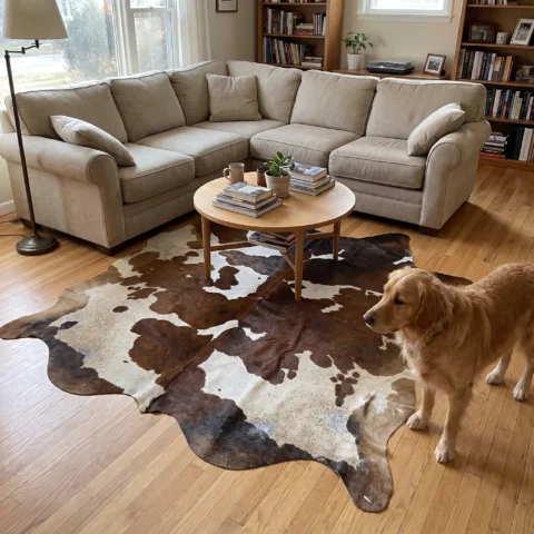 CW-RG-0127 1 Tricolor cowhide rug, 6'-0" x 6'-2", natural hide floor rug by Ventinots