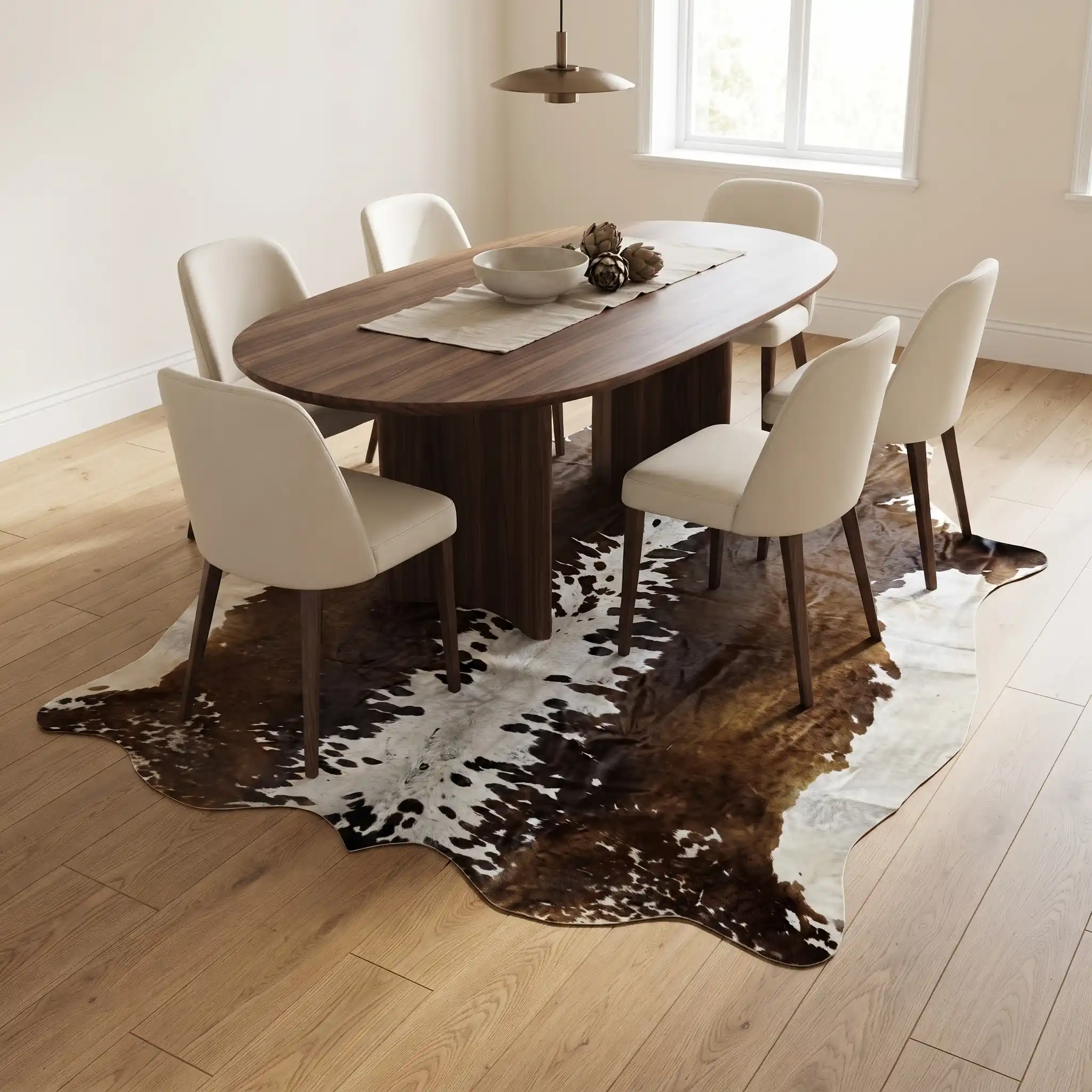 Cowhide_rug_dining_room_mockup_2K_20260925153109_11zon Tricolor cowhide rug, 5'-10" x 6'-5", natural hide floor rug by Ventinots