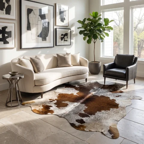 Cowhide_rug_in_modern_interior_2K_20260916163852 Tricolor cowhide rug, 6'-2" x 6'-2", natural hide floor rug by Ventinots