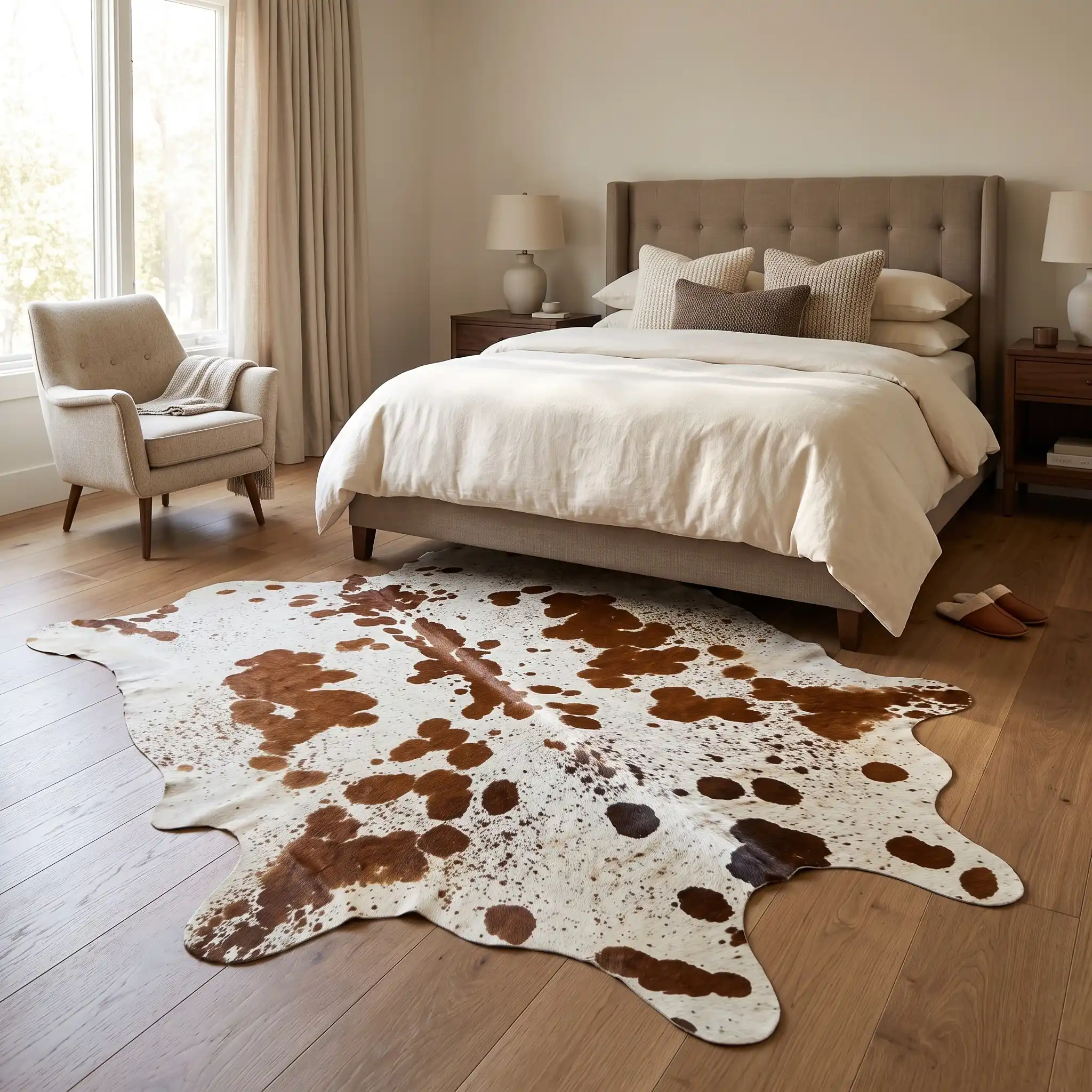 Designing_luxury_bedroom_with_co…_2K_20260925153422 Brown and white cowhide rug, 6'-5" x 6'-11", natural hide floor rug by Ventinots