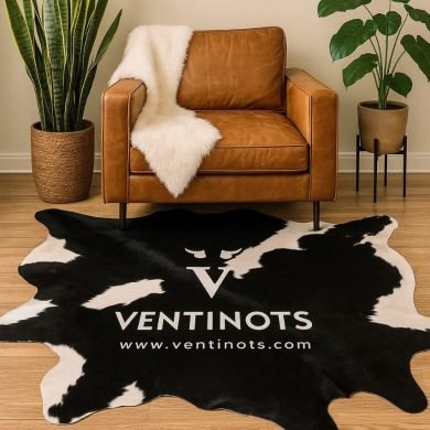 Include a styled living room with cowhide rug and accents